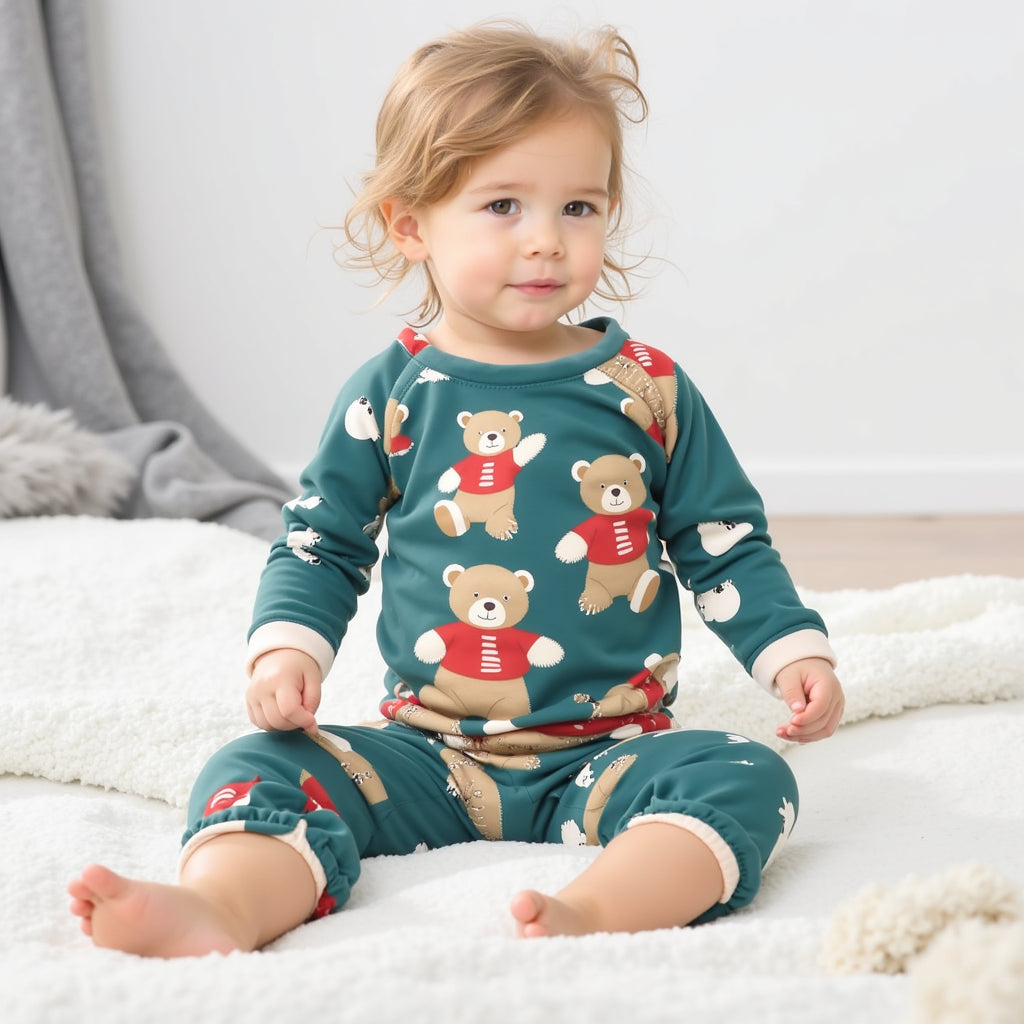 Teal Teddy Print Pajama 2-piece Set (Holiday Edition)